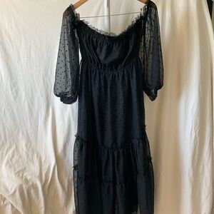 Black Swiss Dot Long Sleeve Midi Dress